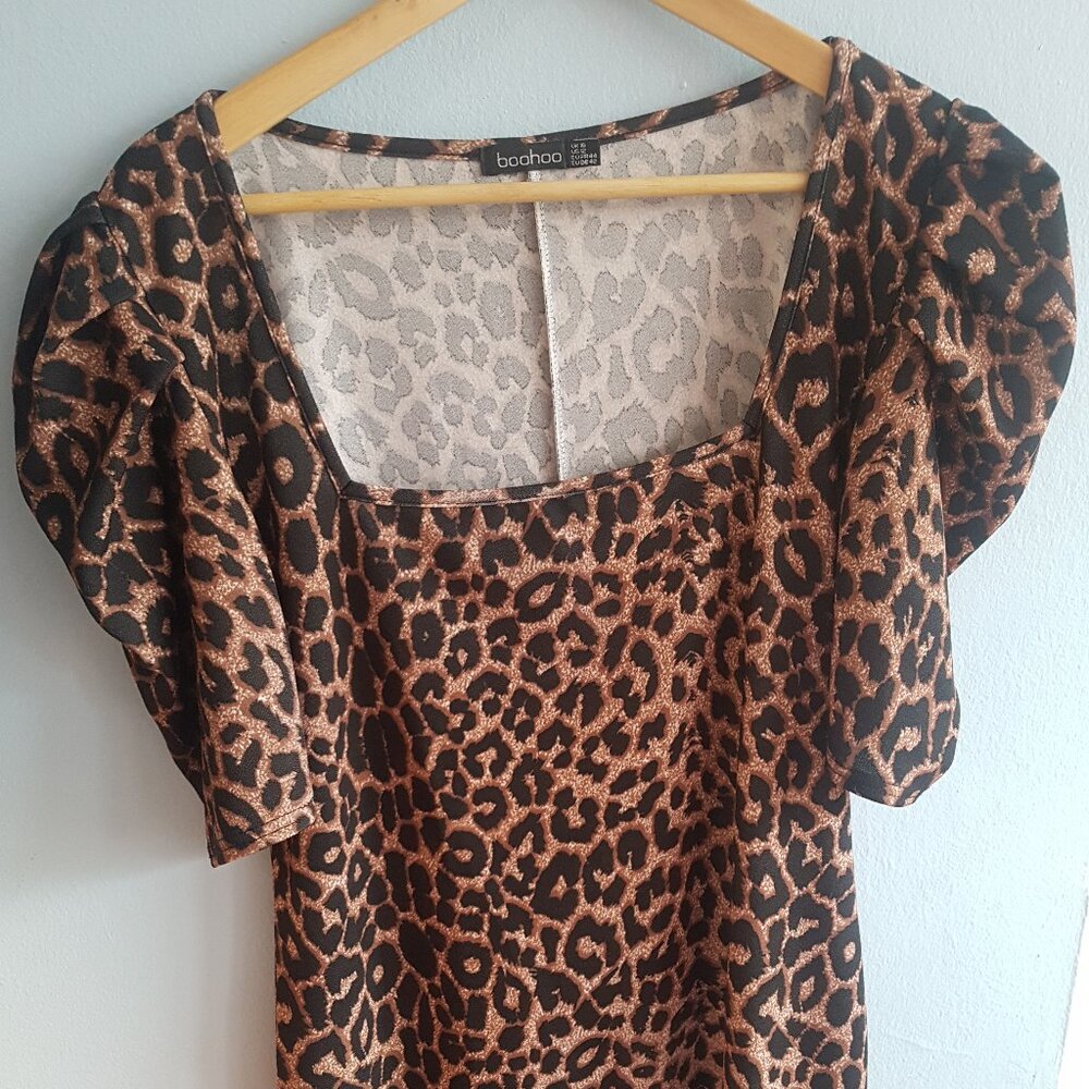 Boohoo Leopard Print Bodycon Mini dress with Puff Sleeve size 12 - Picture 6 of 8
